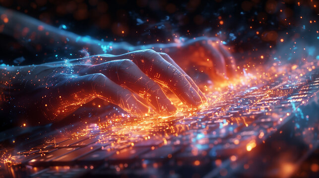 Representation of cybercrime, hacker attacks and darknet. Hands on keyboard in dark environment. Luminous elements contrast scene