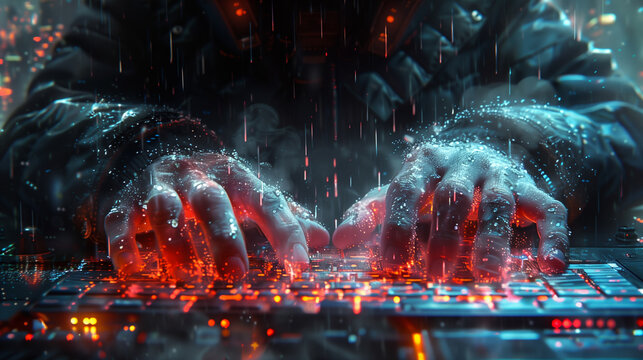 Representation of cybercrime, hacker attacks and darknet. Hands on keyboard in dark environment. Luminous elements contrast scene