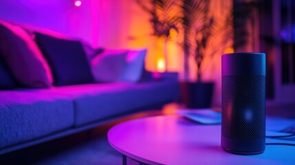 Smart Speaker on a Table in a Purple and Orange Lit Living Room