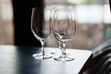 An empty wine glasses on a table. 