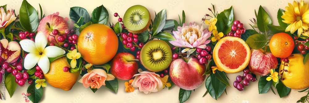 Poster This vibrant display features an array of fruits like oranges and kiwis along with colorful flowers, creating an inviting atmosphere. Generative AI