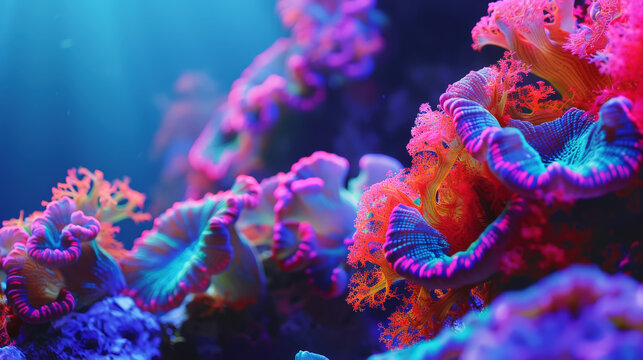 Aesthetic oceanic colorful fluorescent coral reef on blue background. Copy space. Aquarium hobby. Generative AI