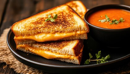 A close up image of a delicious grilled cheese sandwich with tomato soup