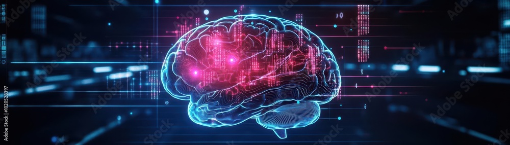 Poster A holographic human brain projection in a dark lab, neon lights highlighting different brain areas, floating data points around, sleek futuristic 3D render