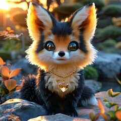black and white color cute little fox fox, with glowing bright shining eyes and with a gold medallion around his neck. A fantastic avatar creature