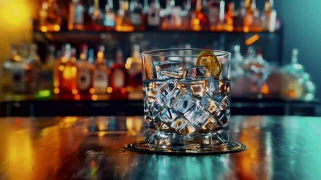Glasses with ice at the bar.