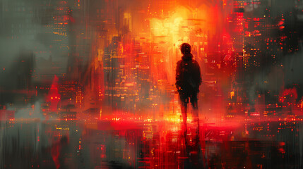 Fototapeta premium Person in front of urban backdrop seemingly merges completely into metaverse, depicting merging of digital and physical worlds