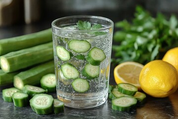 A healthy morning routine scene featuring a glass of okra water on a kitchen counter. Generative AI