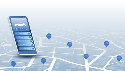 Smartphone displaying city map with taxi icon. Mobile application for booking cabs online, allowing users to select the right vehicle within the app. Vector illustration © Vadym