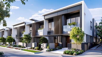 Sustainable Architecture: A line of sleek townhouses with gray roofs and white exteriors in an urban setting
