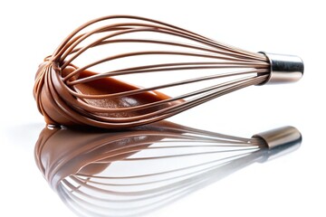 Forced perspective balloon whisk covered in chocolate cream on white background