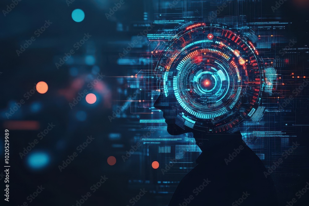 Aufkleber Abstract representation of critical thinking with digital gears and holographic data spirals connecting around a human silhouette, steampunk meets scifi
