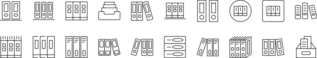 Shelved Documents Outline Icon Collection. Editable Stroke. Perfect for Infographics, Articles, Books, Flyers, Banners