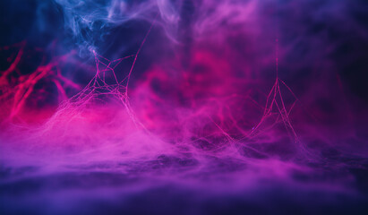 An abstract background features spider webs and neon lights with smoke on a dark room floor, creating a Halloween-themed digital backdrop with a dark setting highlighted by purple, red, and blue neon 