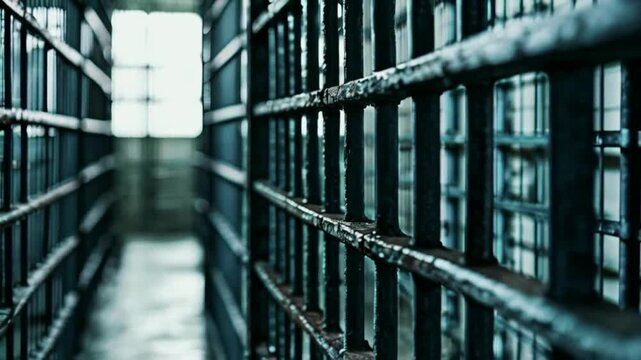 Prison bars. A man is sitting behind bars in prison.