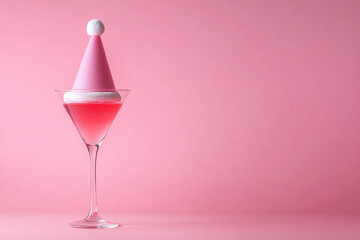 A Christmas hat in a martini glass against a pink background creates a minimalist, festive vibe.Minimal creative holiday concept.Copy space.