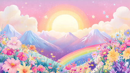 Fototapeta premium landscape with flowers and rainbow