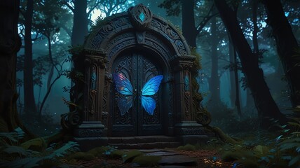 Mystical archway with butterfly wings in a dark forest.