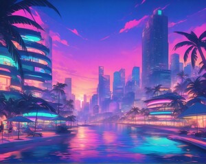 Obraz premium Neon cityscape with palm trees at sunset.