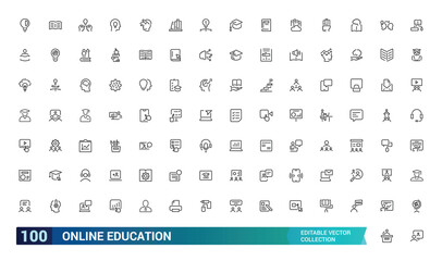 Set of Online Education Line Icons, E-book, On-line Lecture, Education Plan and more, minimal thin web icon collection. Editable stroke, vector illustration.