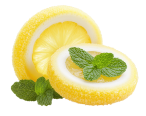 Fresh lemon slices with mint leaves create vibrant and refreshing look isolated on a white background, transparent background.