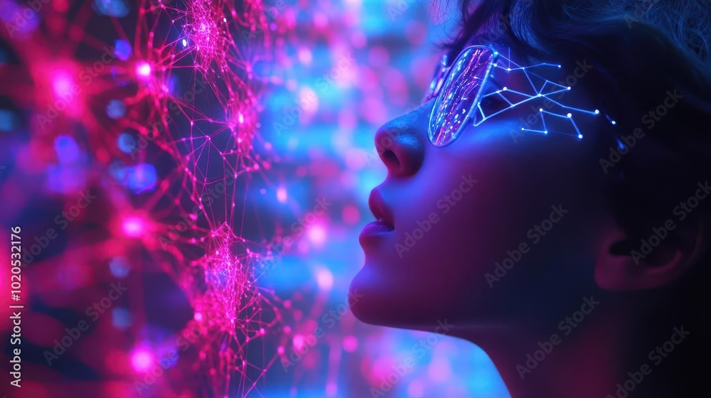Poster Closeup of a student using an interactive learning hologram, information nodes connecting in a digital network around them, techy feel, neon holographic light