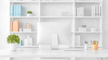 Fototapeta premium Clean white office space, neatly organized desk and shelves, 3D illustration