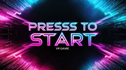 futuristic "Press to Start" logo for a VR game, using neon colors.