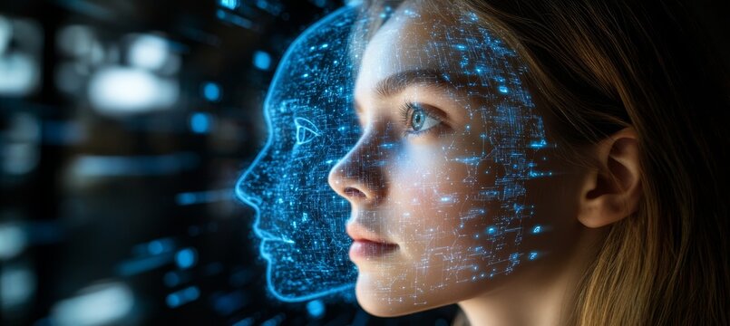 Womans Face Merging With Digital Network, Exploring Technology, Identity, And The Future.