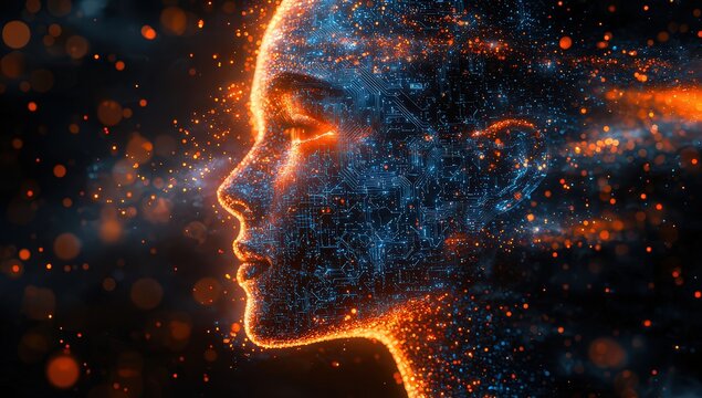 head of an artificial intelligence with digital circuitry in glowing blue and orange. The background is a dark black with blurred lights.