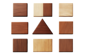 Wooden shapes in various colors and textures arranged isolated on a white background, transparent background.