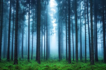Obraz premium Foggy forest, tall trees fading into mist, eerie yet peaceful atmosphere