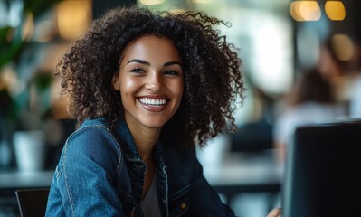 Office worker in a casual environment smiling with confidence and positivity, highlighting joyful and professional atmosphere
