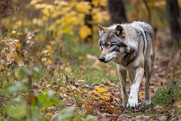 Obraz premium A wolf walking through a forest with autumn foliage.