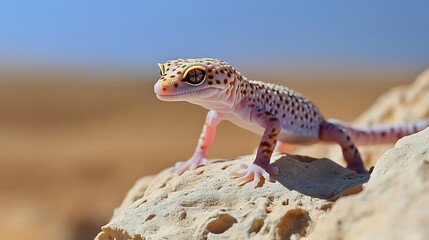 Naklejka premium A close-up of a leopard gecko perched on a rock in a desert environment.