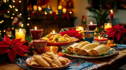 Fototapeta premium A table set with traditional Mexican food for a Posada, including tamales and ponche, with festive decorations like poinsettias and candles around