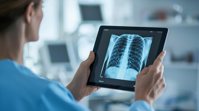 healthcare professional using a tablet to show a patient their X-ray results