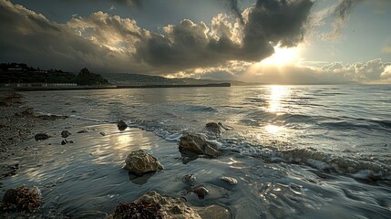 A dramatic sunset over a calm sea with large, dark clouds, the sun shining through and reflecting off the water. There are a few rocks in the foreground and a small wave is breaking on the beach.