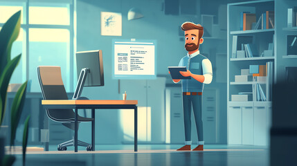 A modern office scene featuring a man holding a tablet, showcasing a creative workspace filled with books and a computer.