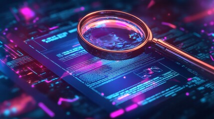 concept of IT security risk assessment with a magnifying glass highlighting a document in an abstract technological setting, representing the critical evaluation of risks and the protection