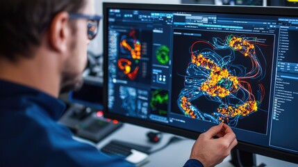 A scientist analyzes complex data on a computer screen, showcasing vibrant visualizations and intricate patterns in research.