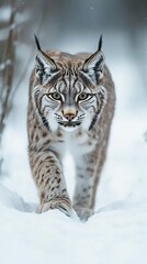 Fototapeta premium A lynx prowls through a snowy landscape, showcasing its striking features and intense gaze.