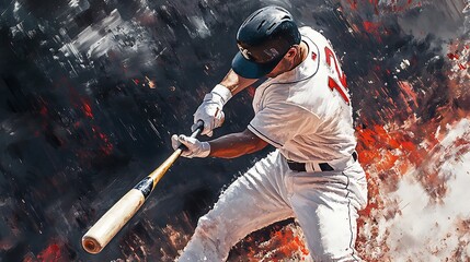 Baseball Player Swinging Bat in Painted Artwork
