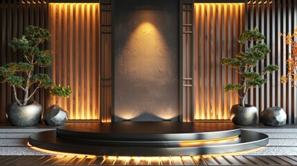 Minimalist black podium with warm lights and plants on a wood panel background.