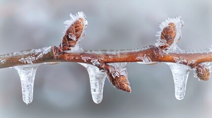 A close-up of a branch with icicles hanging from it. The branch is covered in frost and has several buds on it.