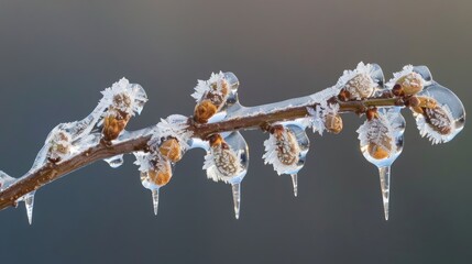 Close-up of a twig with frozen buds and ice droplets.