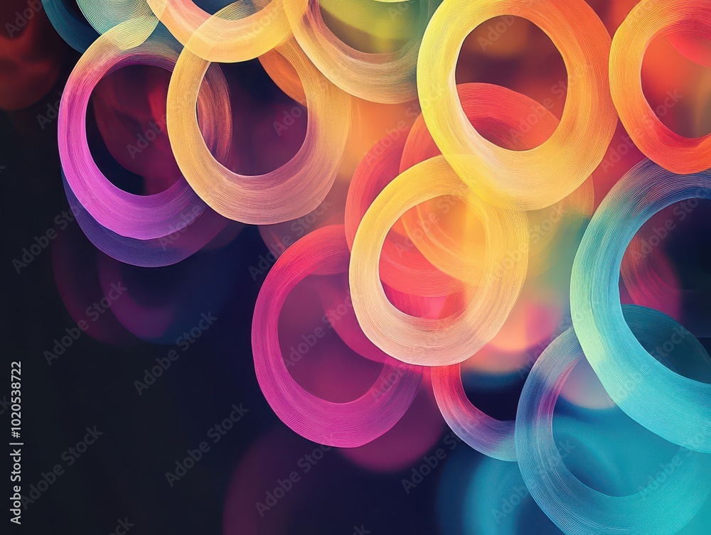 Poster Swirling array of multicolored circular forms, fluid motion effect, glowing softly, with a dark gradient background for contrast