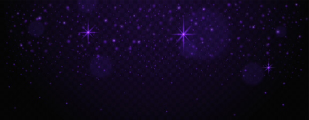 Obraz premium Dark purple starry sky with glowing particles and light flares on transparent background. Abstract sparkling effects Glare light effect. Star dust, sparkles. Neon light. Night star