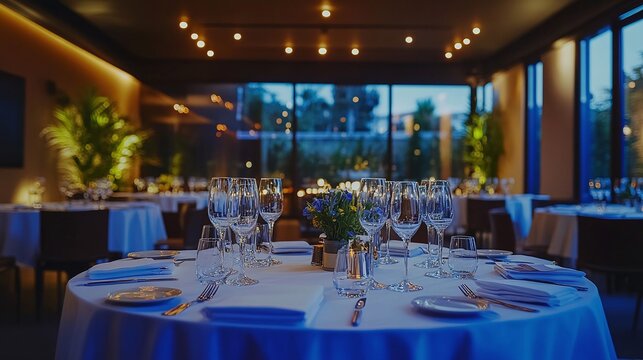 beautifully designed corporate event venue featuring elegant table settings and ambient lighting that enhances a professional and upscale atmosphere for memorable business celebrations