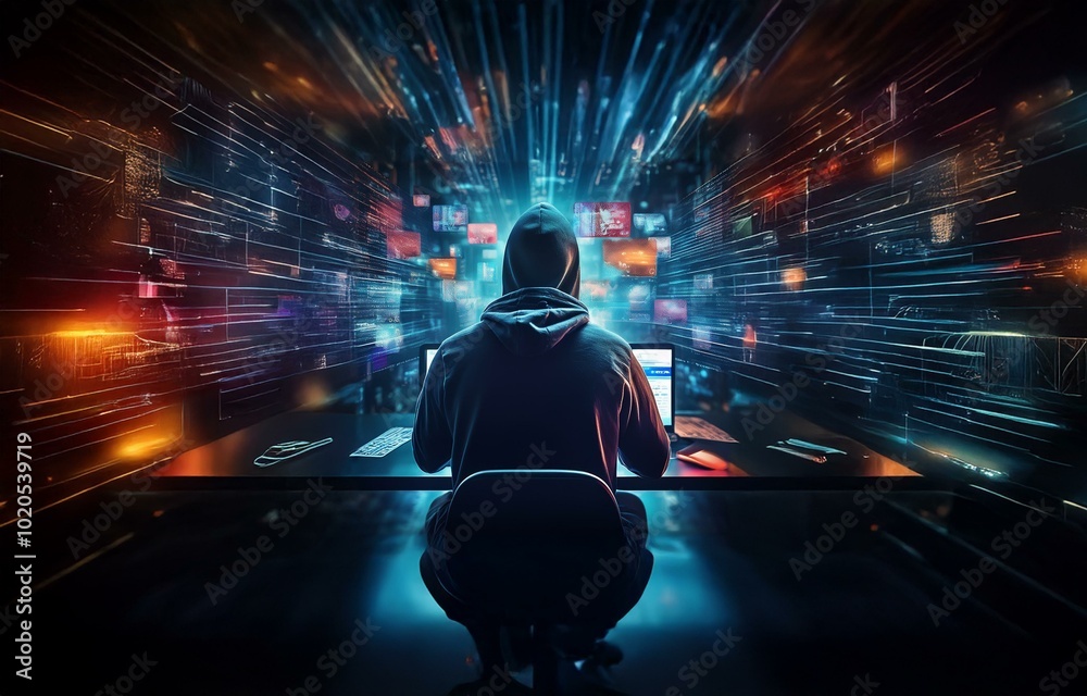 Aufkleber A hooded figure sits in front of a computer in a dark room, surrounded by a digital matrix of lights and colors.